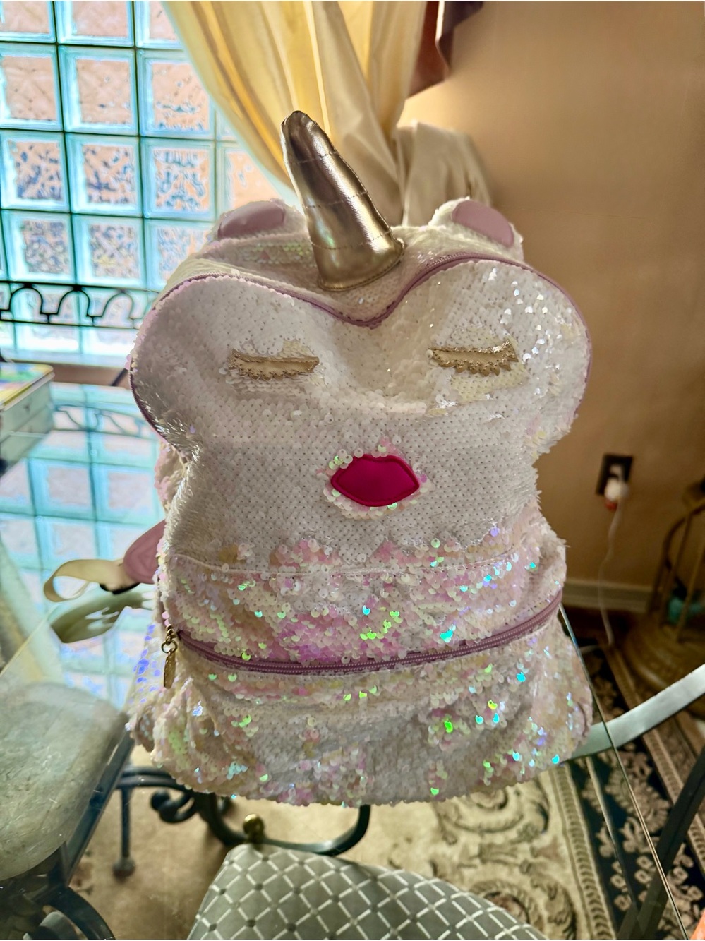 Betsey Johnson Lbrayna White Pink Reversible Flip-Sequin Unicorn Backpack